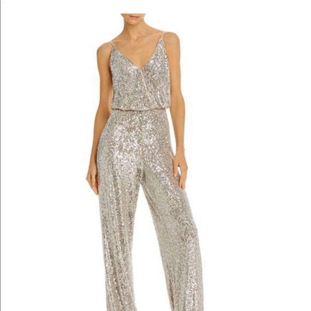 Aidan Mattox Glittering Silver-Gold Sequin Jumpsuit